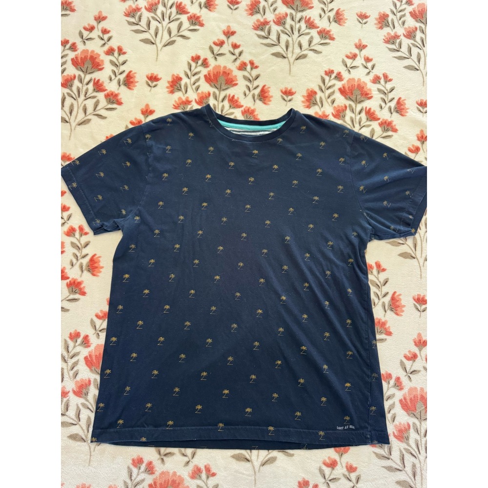 Denim & Flower Ricky Singh Mens Large Navy Blue Gold Palm Tree T-Shirt Cotton